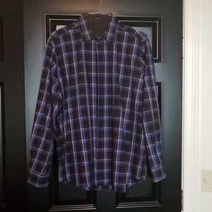 Mens Bugatchi blue, black, and brown plaid shirt.